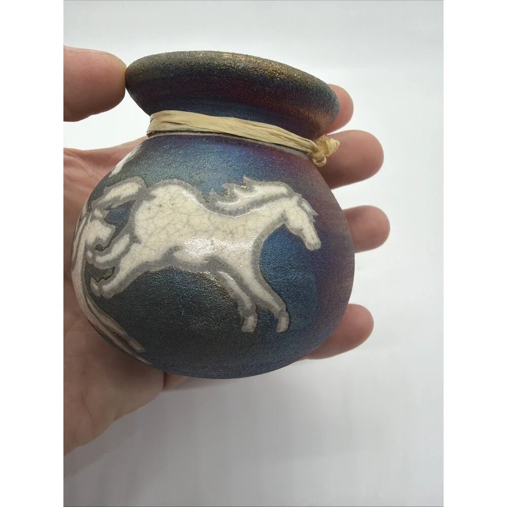 NWT Raku Pottery Small VASE Signed Jeremy Diller Wild Horses Blue Purple Copper